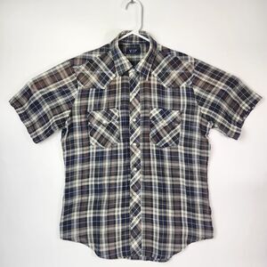 Vtg Western Shirt Mens Sz M Pearl Snapped Buttons Plaid Yokes Chore Cowboy Rodeo